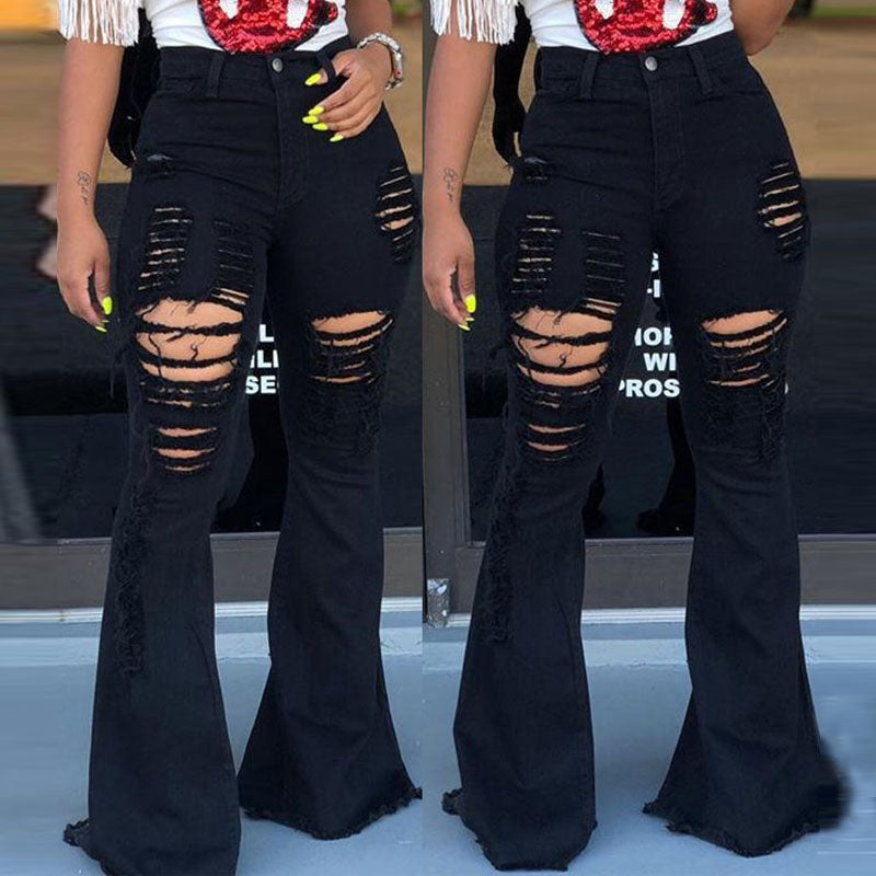 Solid High Waist Wide Leg Ripped Denim Pants