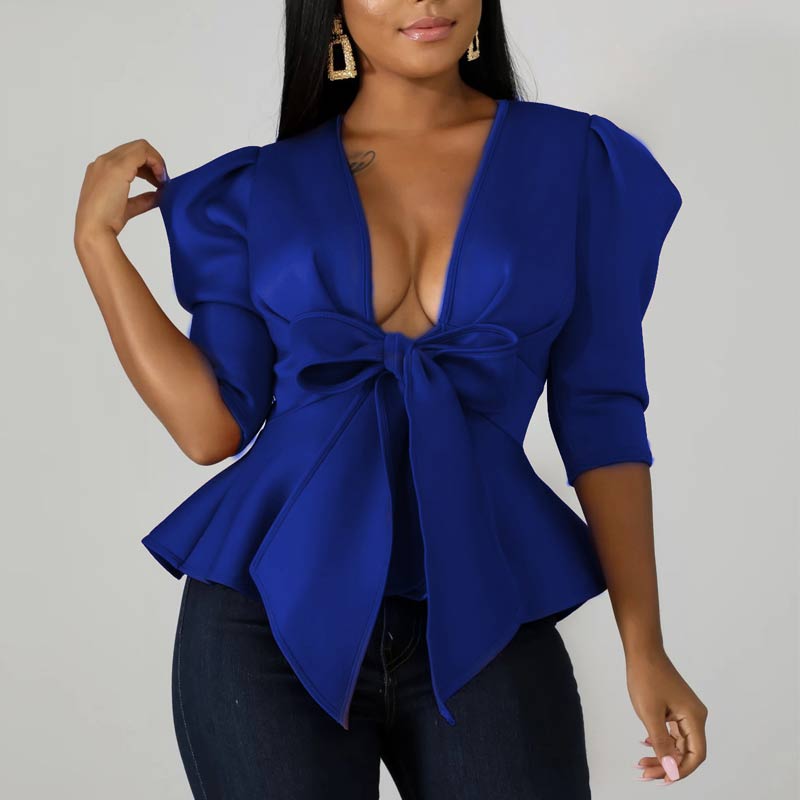 Solid Deep V-Neck Bowknot Decoration Top