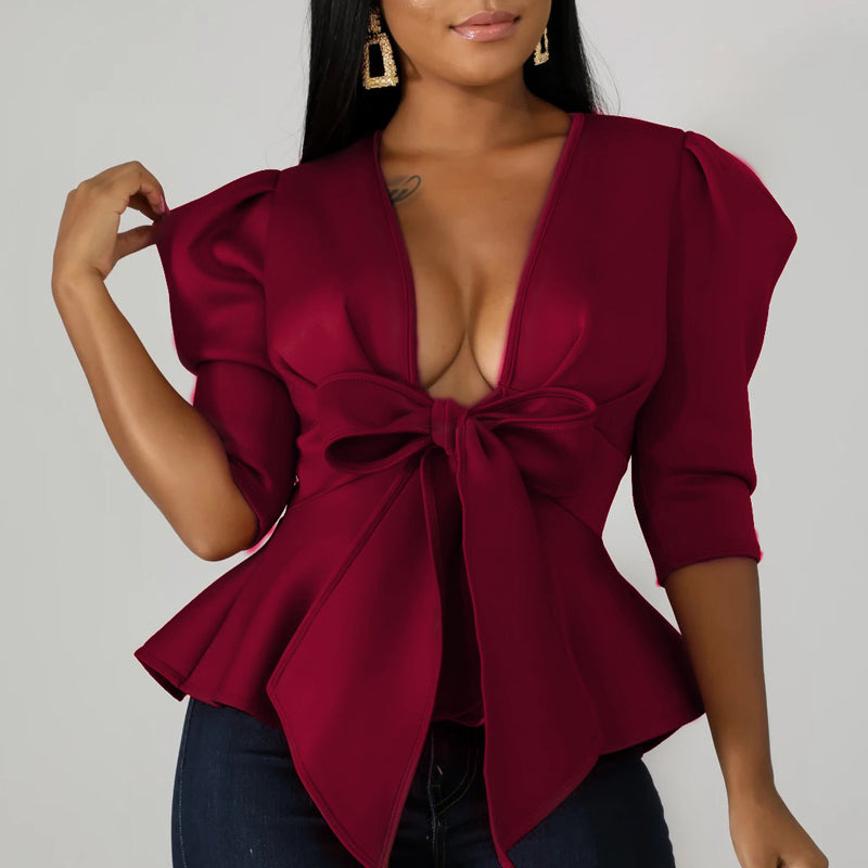 V-Neck Half Puff Sleeve Ruffles Top With Belt