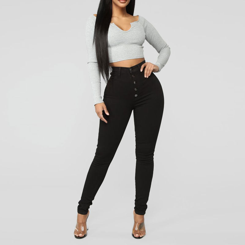 Solid High Waist Button Detailed Skinny Jeans