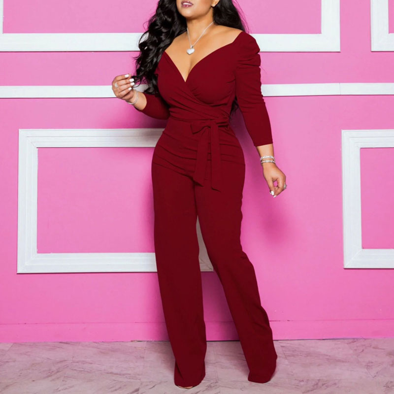 Solid Deep V-Neck Long Sleeve Belted Jumpsuit