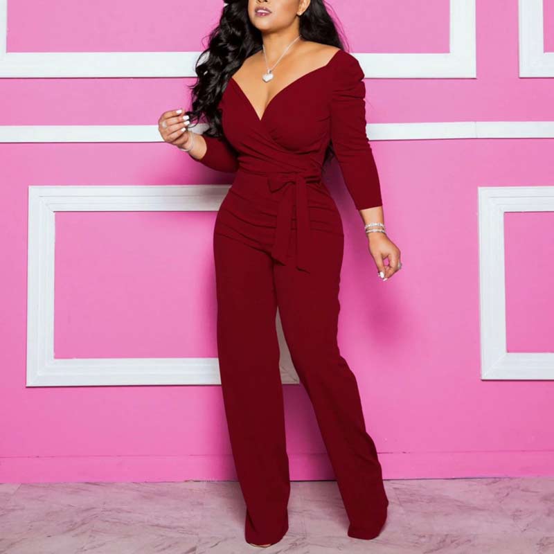 Solid V-Neck Long Sleeve Jumpsuit With Belt