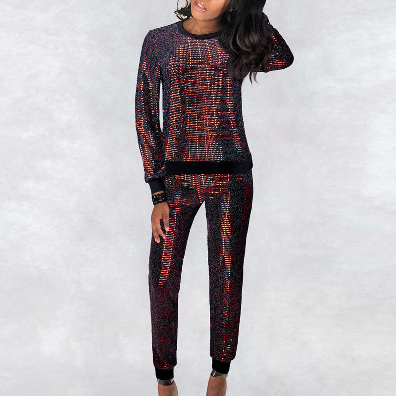 Sequins Long Sleeve Stripe Top & Pants Set