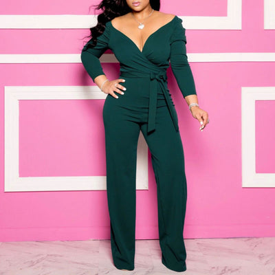 Solid Deep V-Neck Long Sleeve Belted Jumpsuit