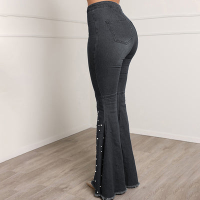 Solid Button Detailed Beaded Flared Jeans