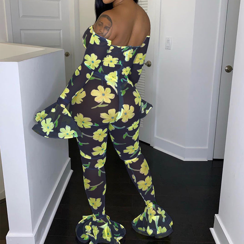 Floral Print Off Shoulder Sheer Mesh Jumpsuit