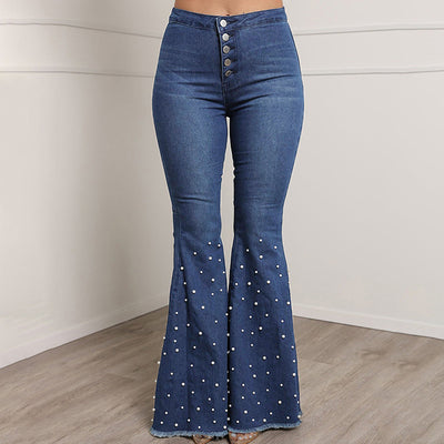 Solid Button Detailed Beaded Flared Jeans