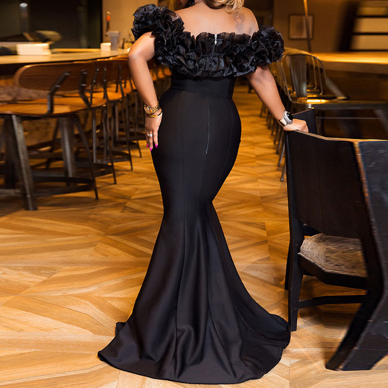 Solid Off Shoulder Ruffles Floor-Length Evening Dress