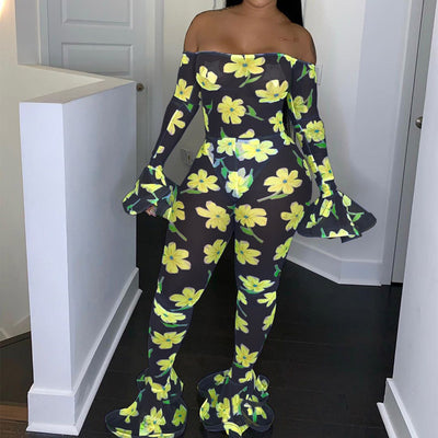 Floral Print Off Shoulder Sheer Mesh Jumpsuit