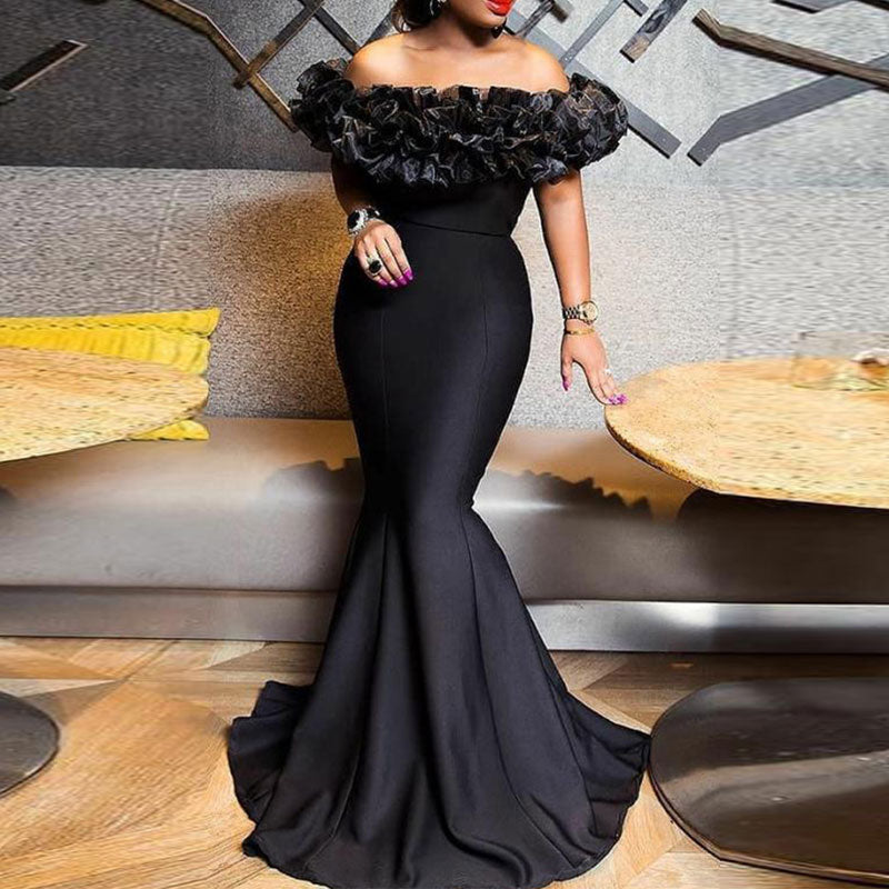 Solid Off Shoulder Ruffles Floor-Length Evening Dress