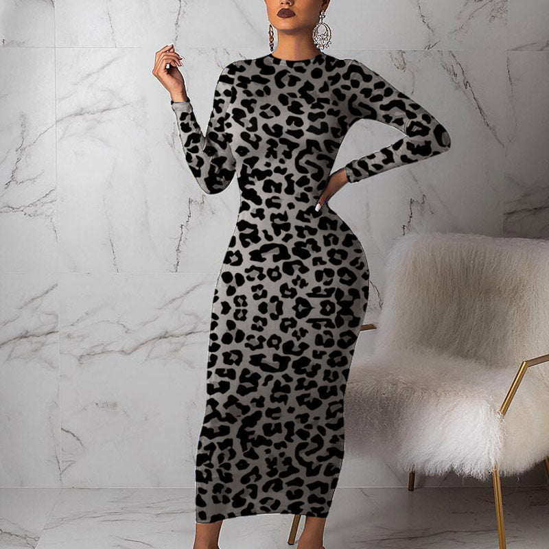 Long Sleeve Leopard Printed Maxi Dress