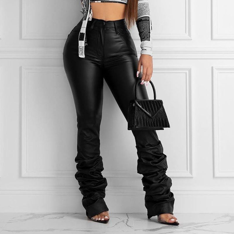 High Waist Solid Pocket Design Stacked Pants