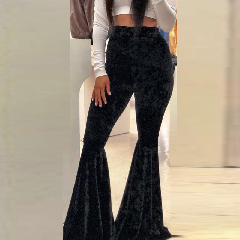 Solid Velvet Bell-Bottom Pants