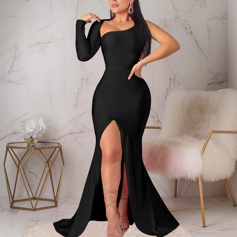 Solid One Shoulder Backless High Split Maxi Party Dress