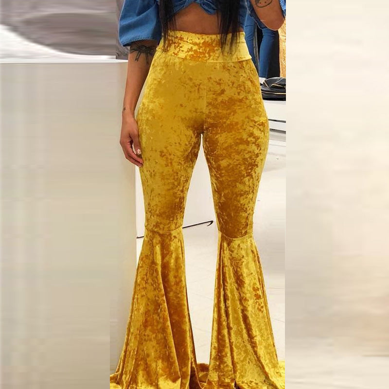 Solid Velvet Bell-Bottom Pants