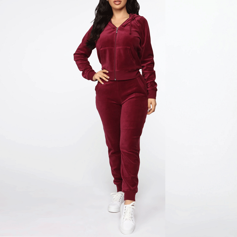 Solid Velvet Hoodie Top & Pants Set