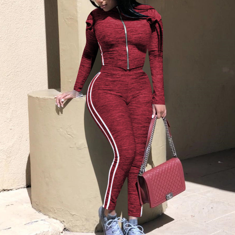 Solid Zipper Design Striped Two Piece Set