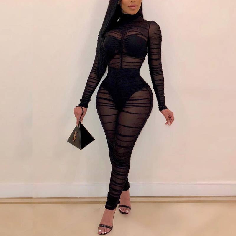 Solid Long Sleeve Zipper Design Ruched Sheer Mesh Jumpsuit