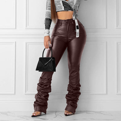 High Waist Solid Pocket Design Stacked Pants