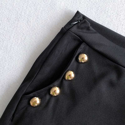 Solid Deep V-Neck Long Sleeve Button Detailed Suit Set