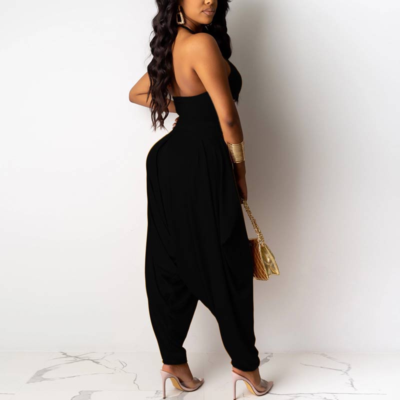 Solid Deep V-neck Jumpsuit With Belt