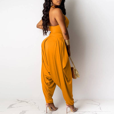 Solid Deep V-neck Jumpsuit With Belt