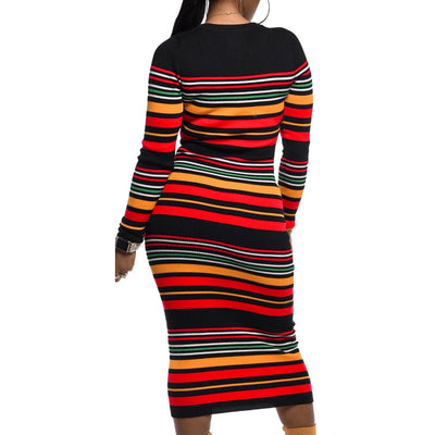 Long Sleeve Stripe Print Bodycon Dress