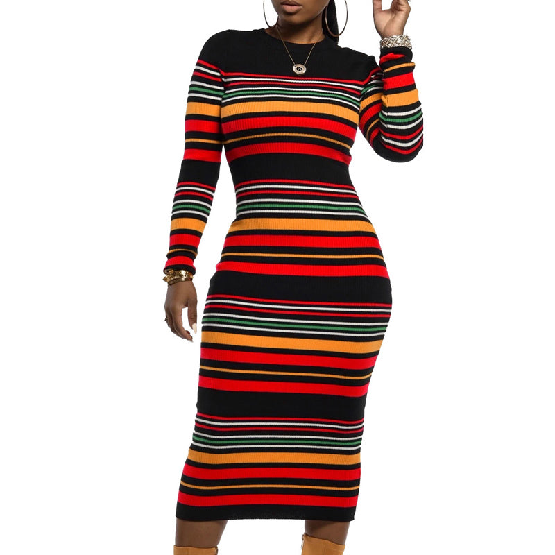 Long Sleeve Stripe Print Bodycon Dress