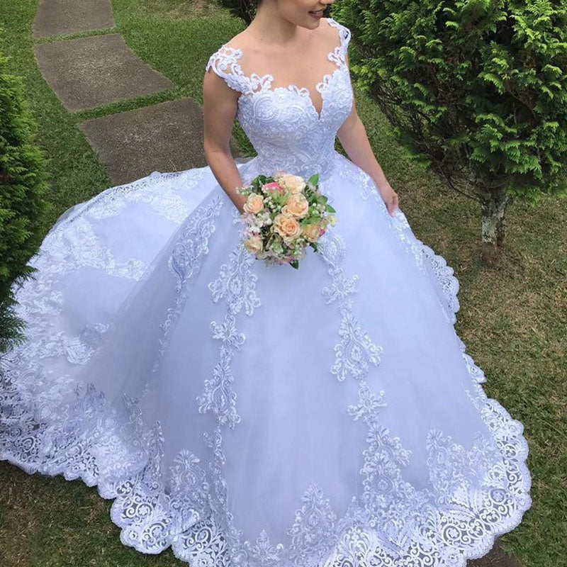 Floral Pattern V-Neck Sheer Mesh Train Lace Wedding Dress