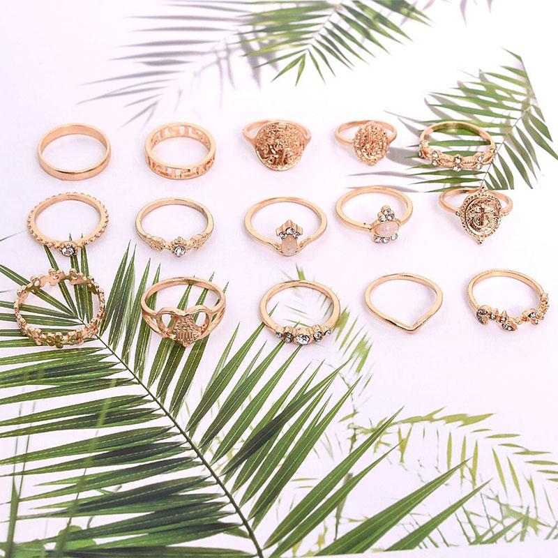 15PCS Studded Geo Pattern Rings Set