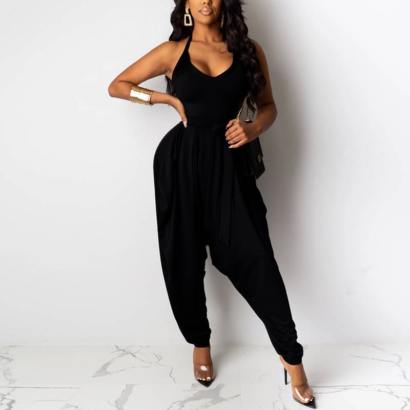 Solid Deep V-neck Jumpsuit With Belt