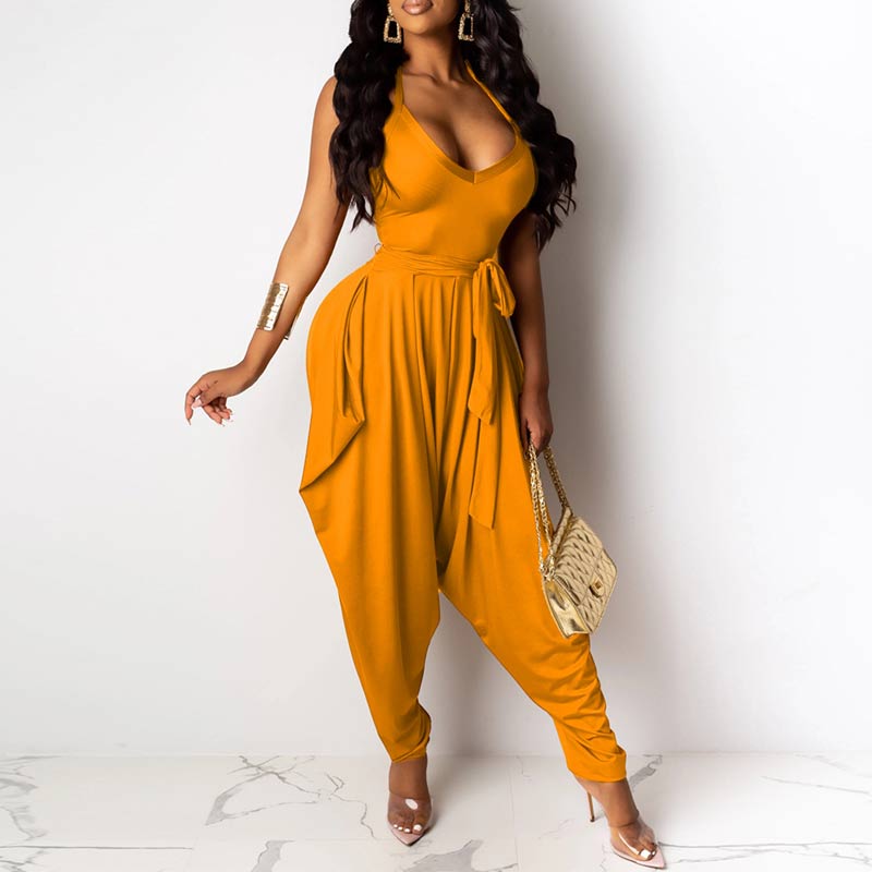 Solid Deep V-neck Jumpsuit With Belt