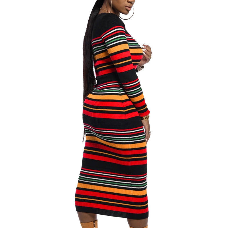 Long Sleeve Stripe Print Bodycon Dress