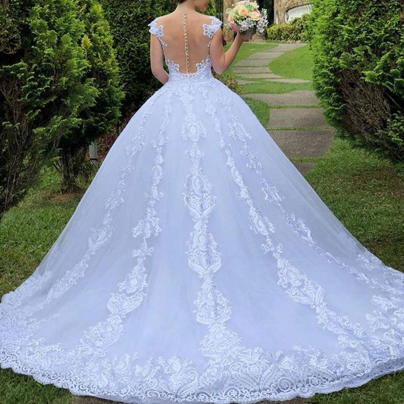 Floral Pattern V-Neck Sheer Mesh Train Lace Wedding Dress