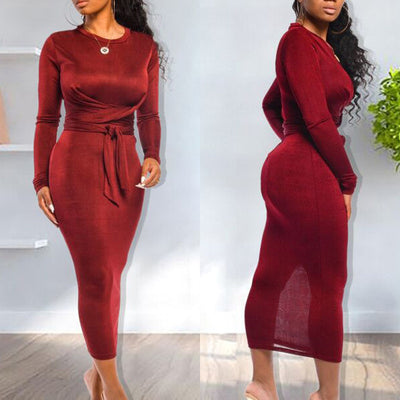 Solid Tied Long Sleeve Bodycon Maxi Dress