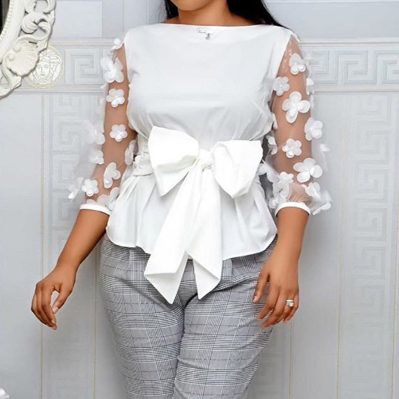 Solid Lack Patchwork Bowknot Blouse