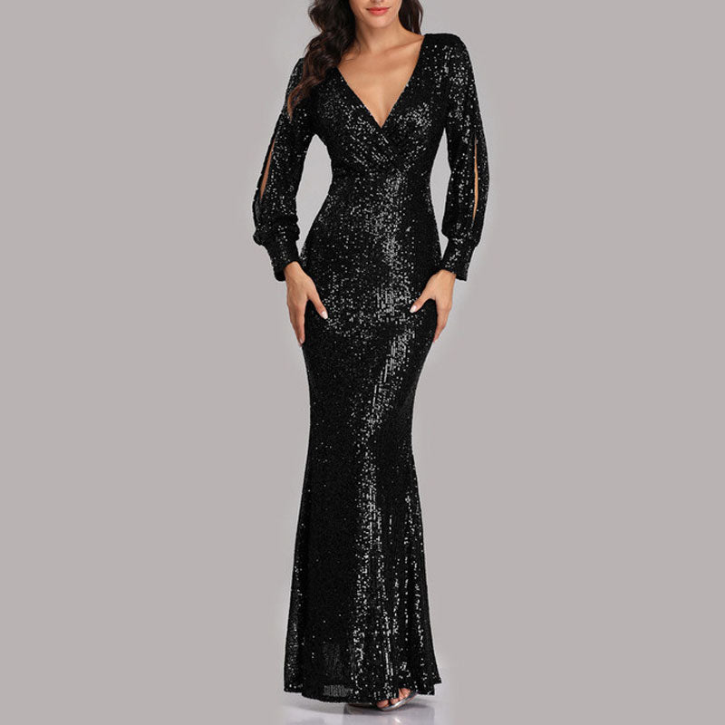 Sequins V-Neck Slit Sleeve Maxi Dress