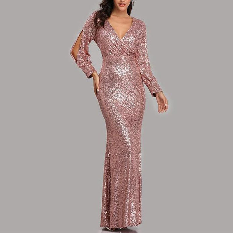 Sequins V-Neck Slit Sleeve Maxi Dress