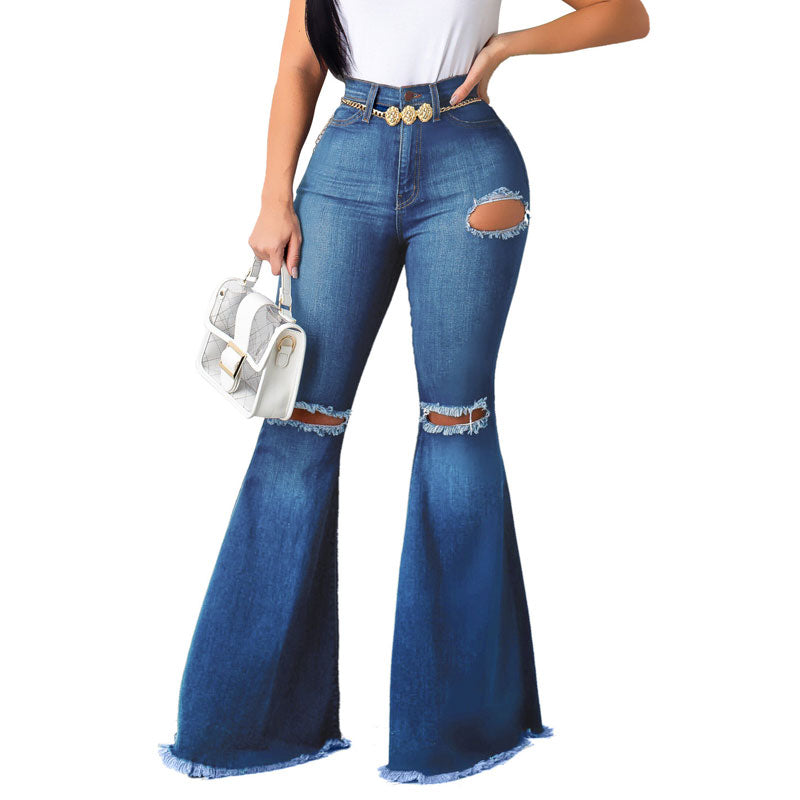 Solid High Waist Wide Leg Ripped Denim Pants