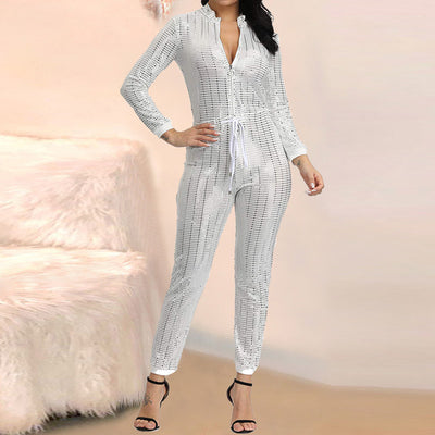 Sequins Zipper Design Tied Long Sleeve Jumpsuit