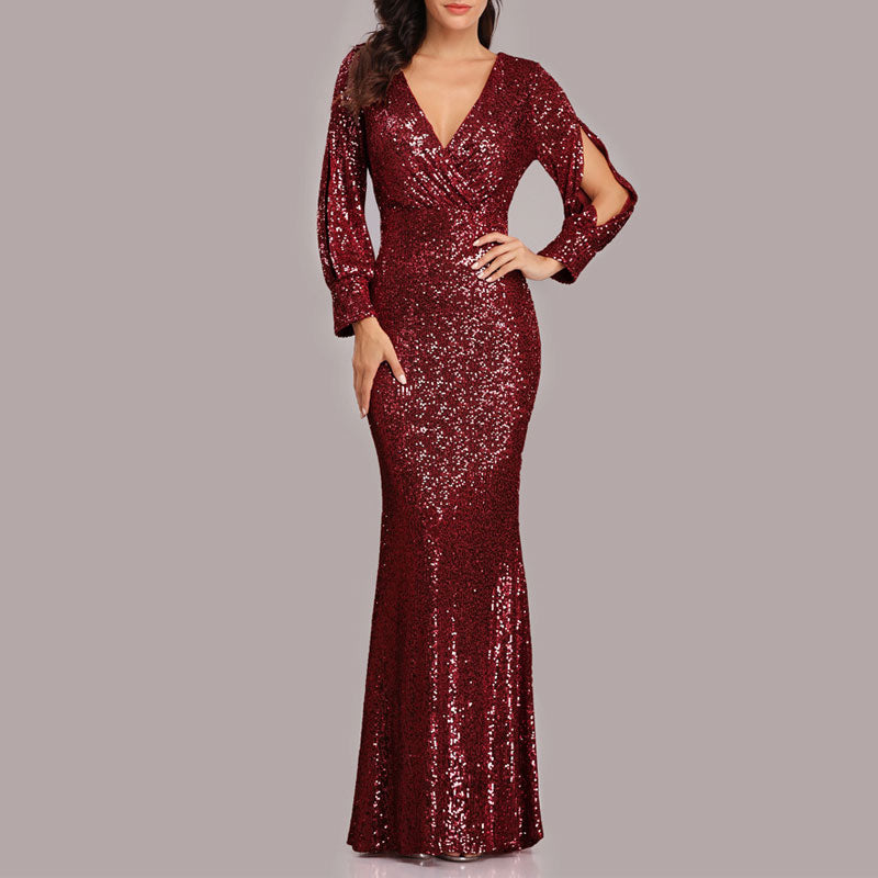 Sequins V-Neck Slit Sleeve Maxi Dress