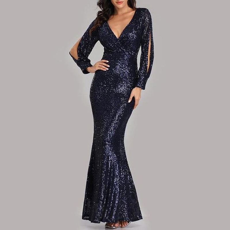 Sequins V-Neck Slit Sleeve Maxi Dress