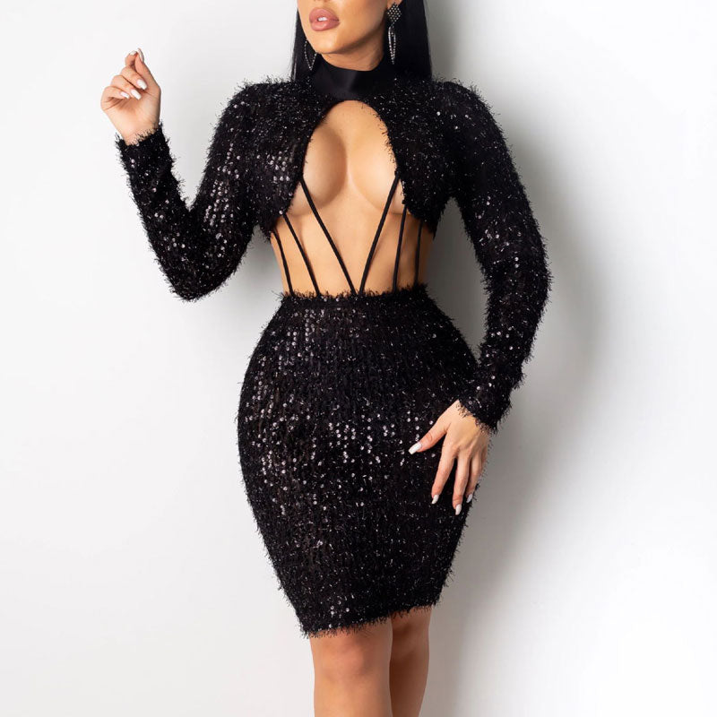 Sequins Feather Design Long Sleeve Cut Out Bodycon Dress