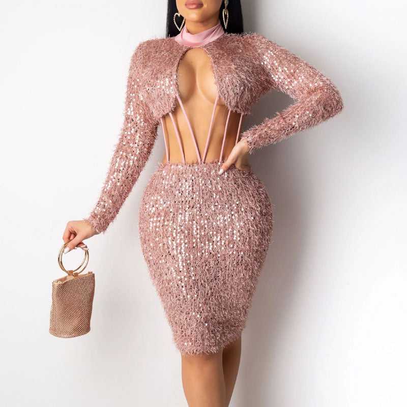 Sequins Feather Design Long Sleeve Cut Out Bodycon Dress