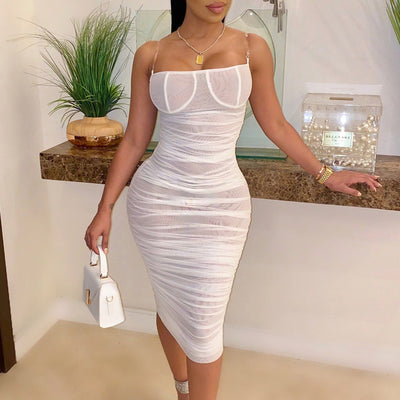 Solid Sheer Mesh Ruched Bodycon Dress