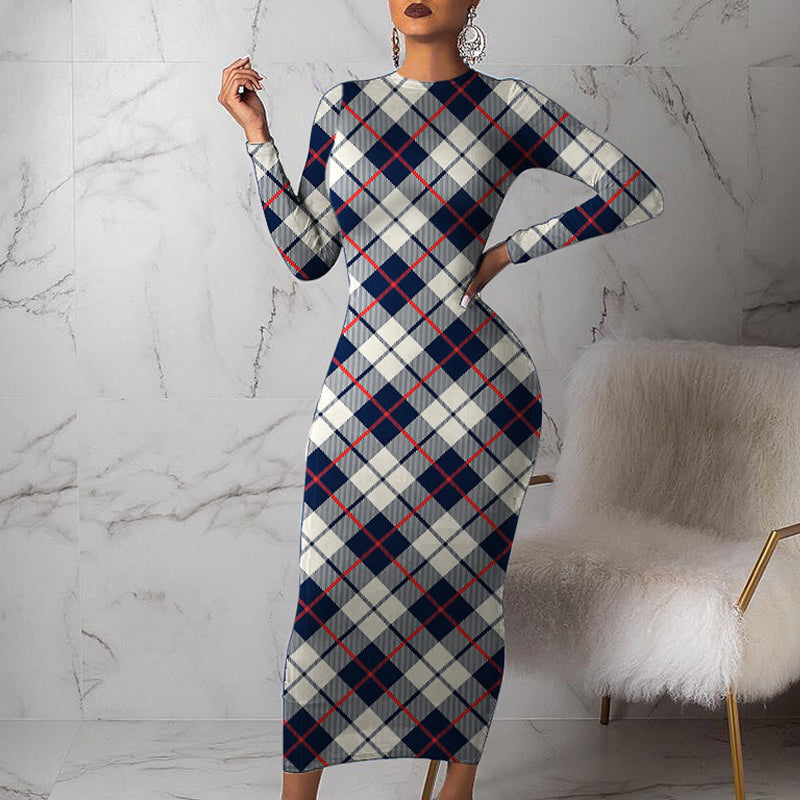 Long Sleeve Plaid Print Bodycon Dress