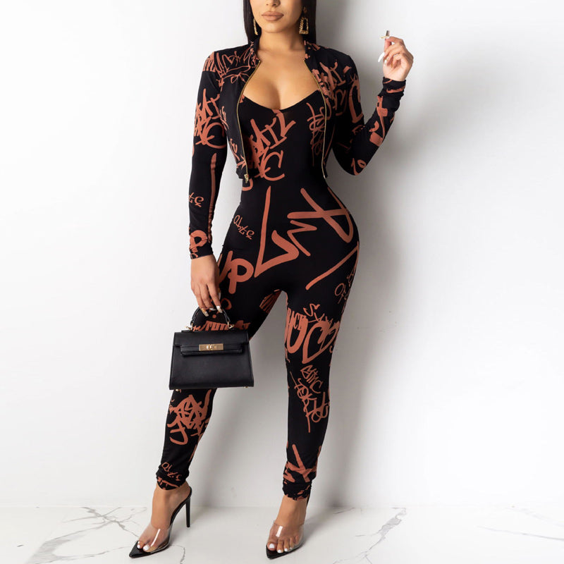 Letter Long Sleeve Zipper Design Coat & Jumpsuit Set