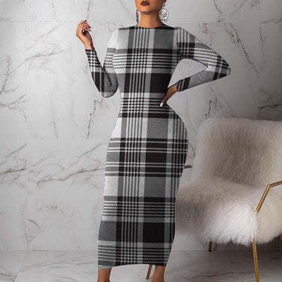 Long Sleeve Plaid Print Bodycon Dress