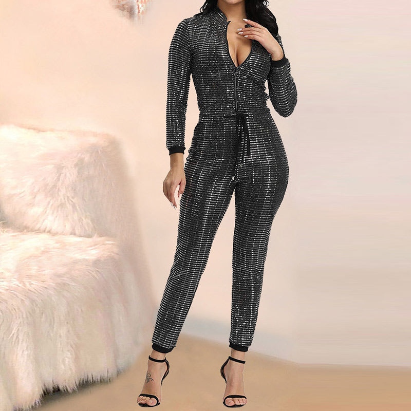 Sequins Zipper Design Tied Long Sleeve Jumpsuit