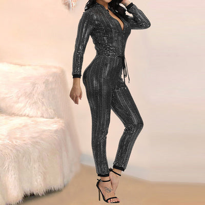 Sequins Zipper Design Tied Long Sleeve Jumpsuit